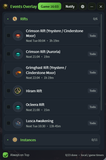 Events Overlay — always-on-top timers while you play