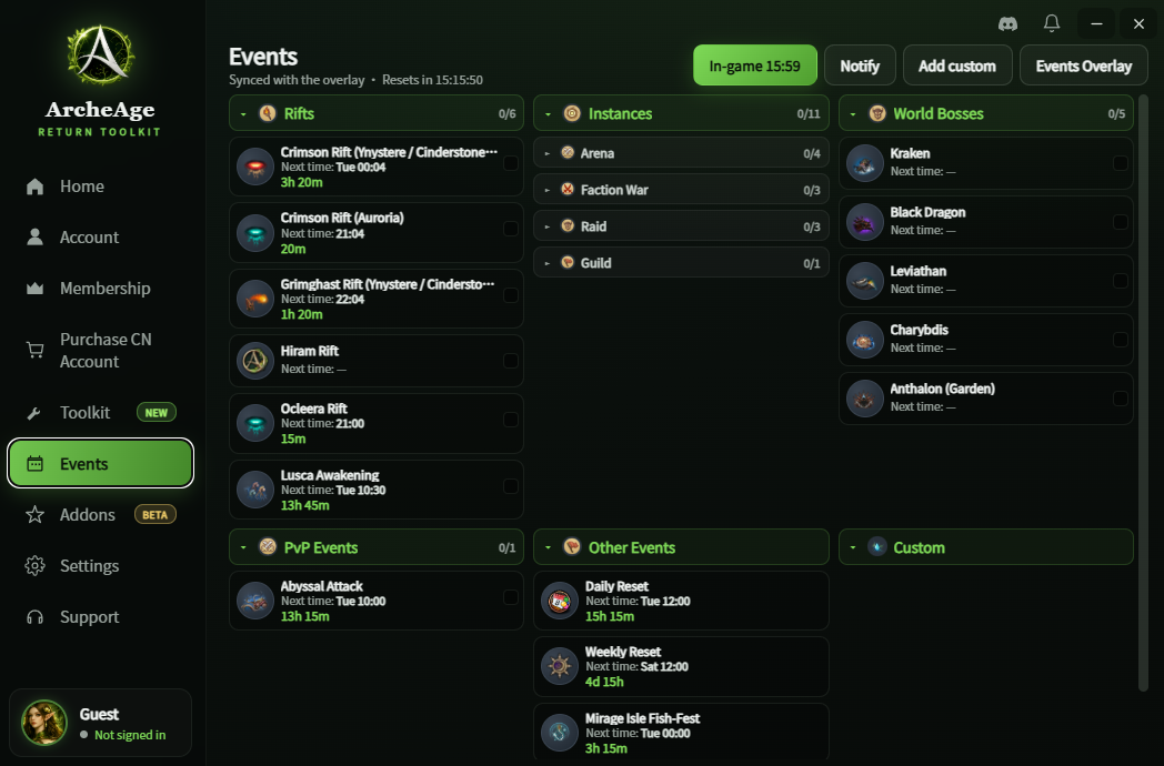 Events page — rifts, bosses, and timers synced with the overlay