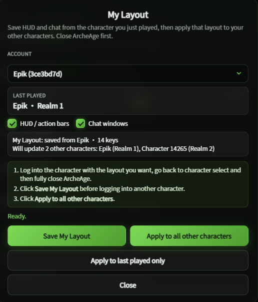 My Layout — save HUD and chat, then apply to other characters