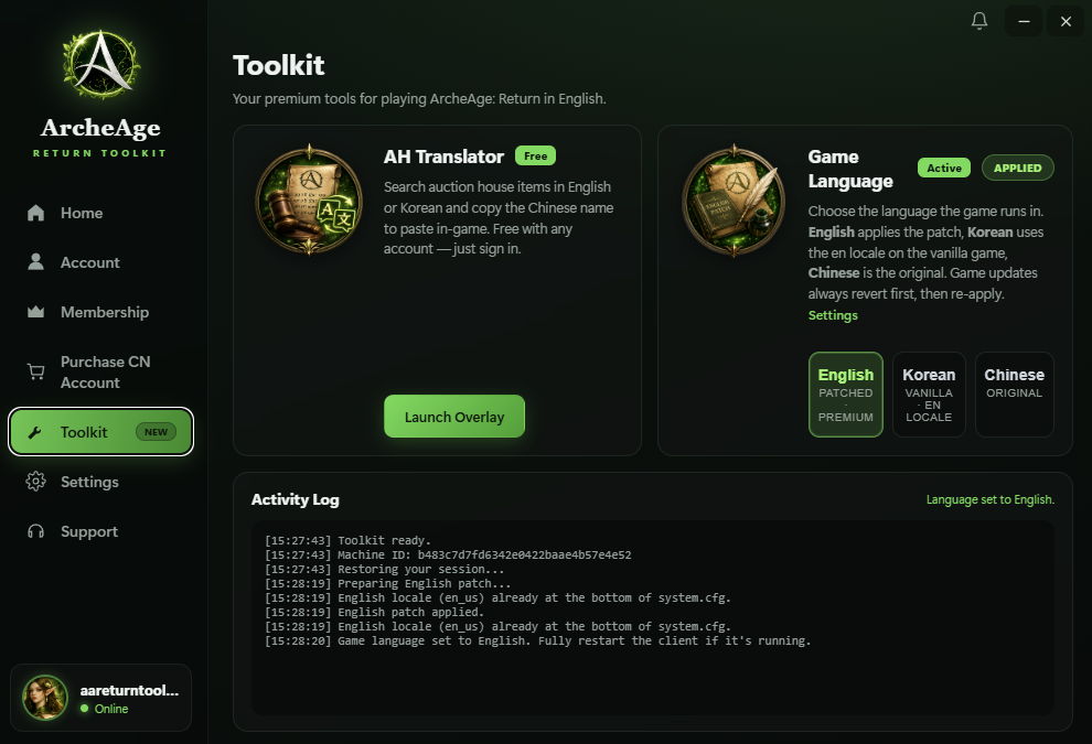 Toolkit — AH Translator and one-click game language switching
